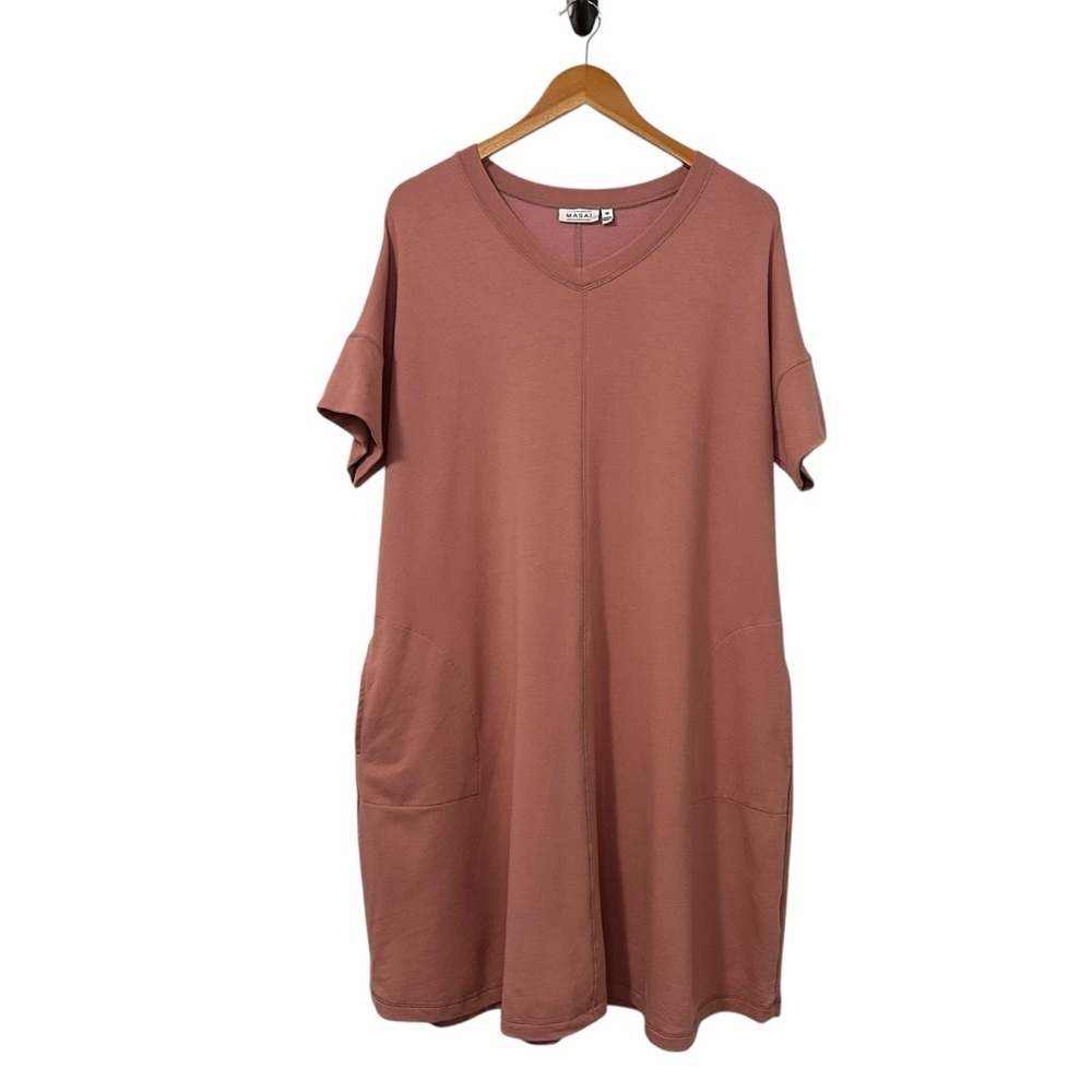 Masai Womens French Terry V Neck Shift Dress Sz Medium Pink Short Sleeve Pocket